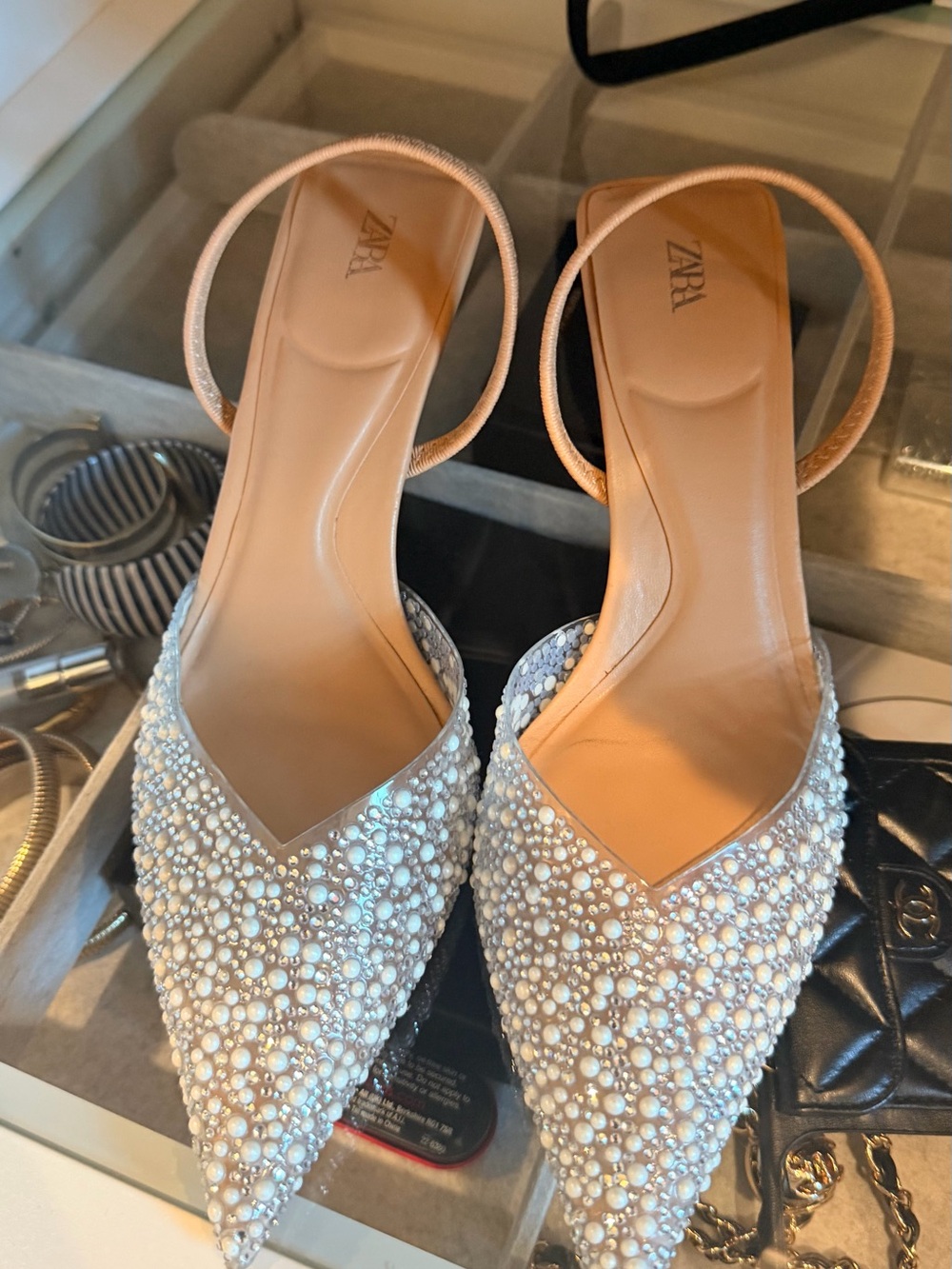Zara Pearl-Embellished Pointed Slingback in Ivory - Picture 2 of 7